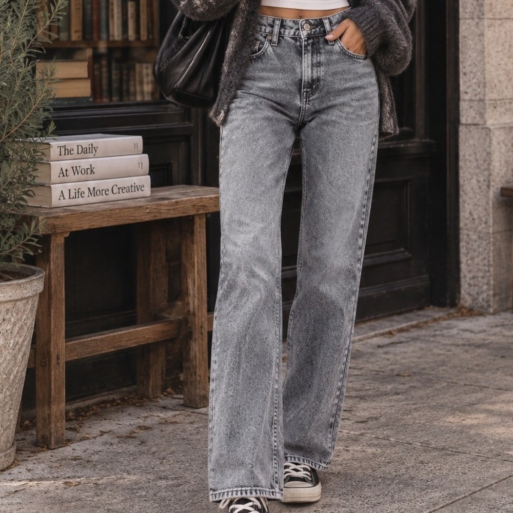 Levis Ribcage Straight High Rise Jeans Grey Acid Wash Size 27 Button Fly Ankle